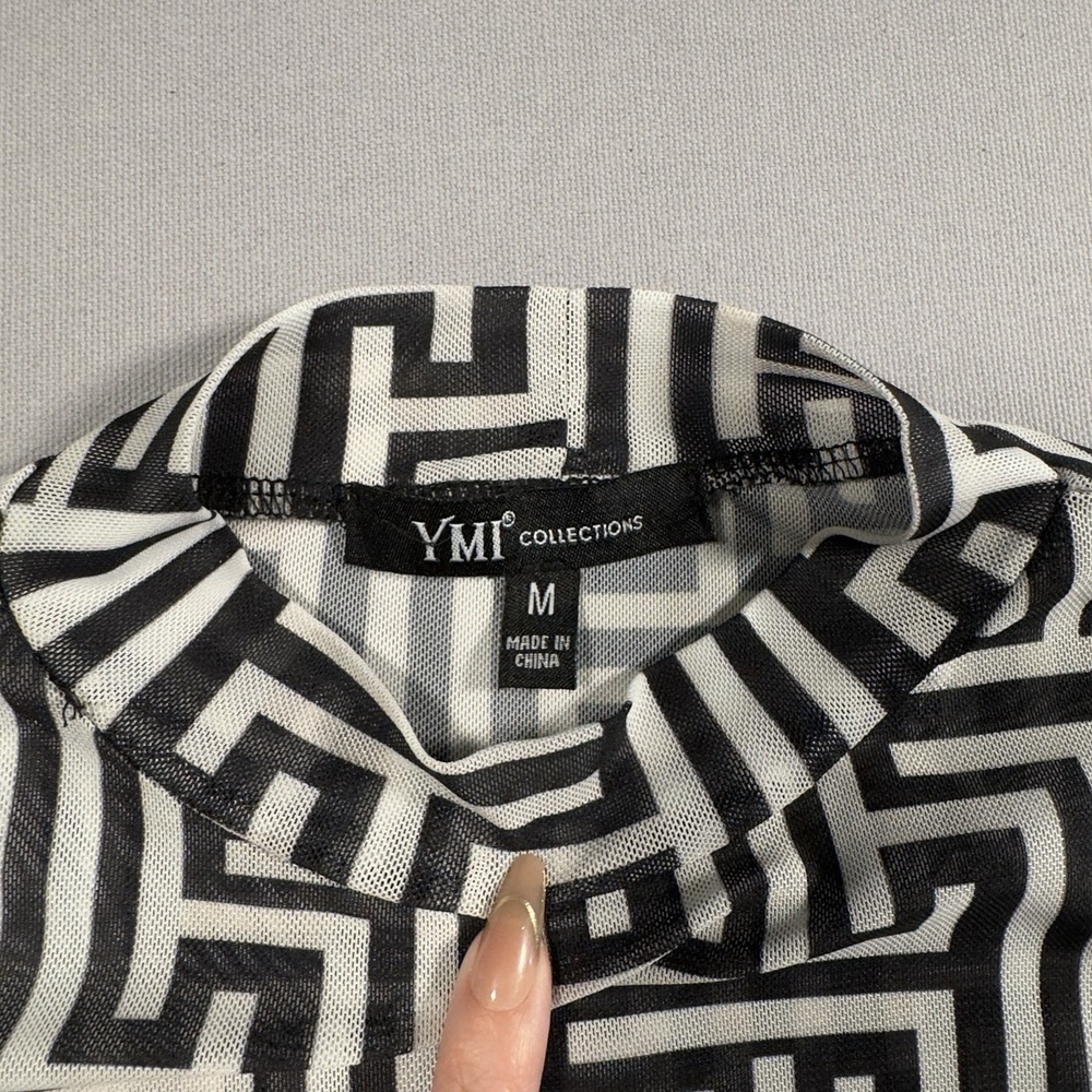 YMI Collections Womens M Black White Geometric Mesh Top Long Sleeve Sheer - Picture 2 of 7